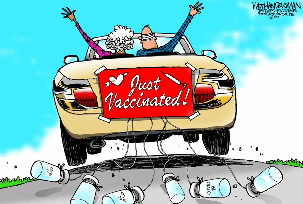 Cartoon of an older couple in a convertible car with the banner on the back that says "just vaccinated"