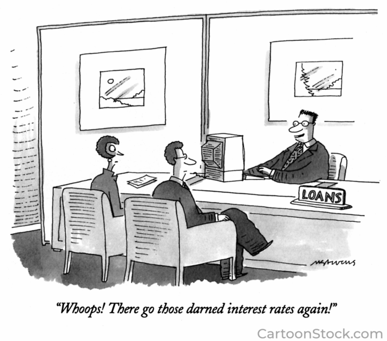 Cartoon showing a man and woman sitting in front of a bank loan officer.